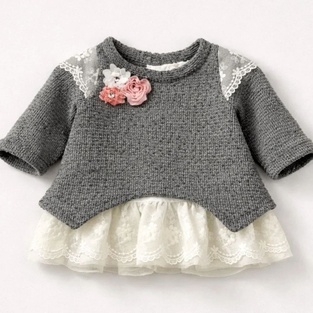 Rare Editions Gray sweater with lace and rosette accents Size 6-9 months